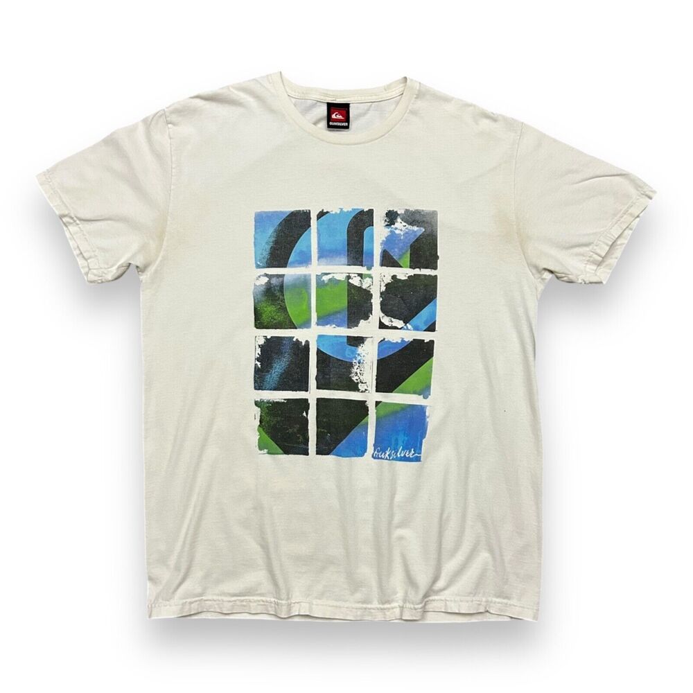 Vintage Quiksilver Shirt y2k Graphic Tee Surf Print Short Sleeve Cotton White XL